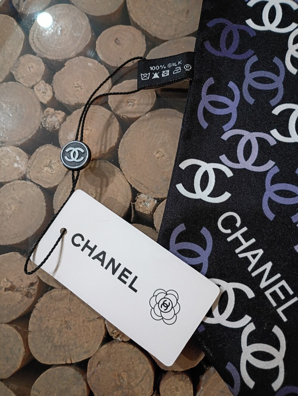 CC Boutique Black Silk Scarf with Purple & White CC Motif